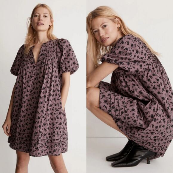 Madewell Dresses & Skirts - Madewell Tillie Dress Shadow Blooms Fig Mini Puff Sleeve XS Boho Prairie Fall